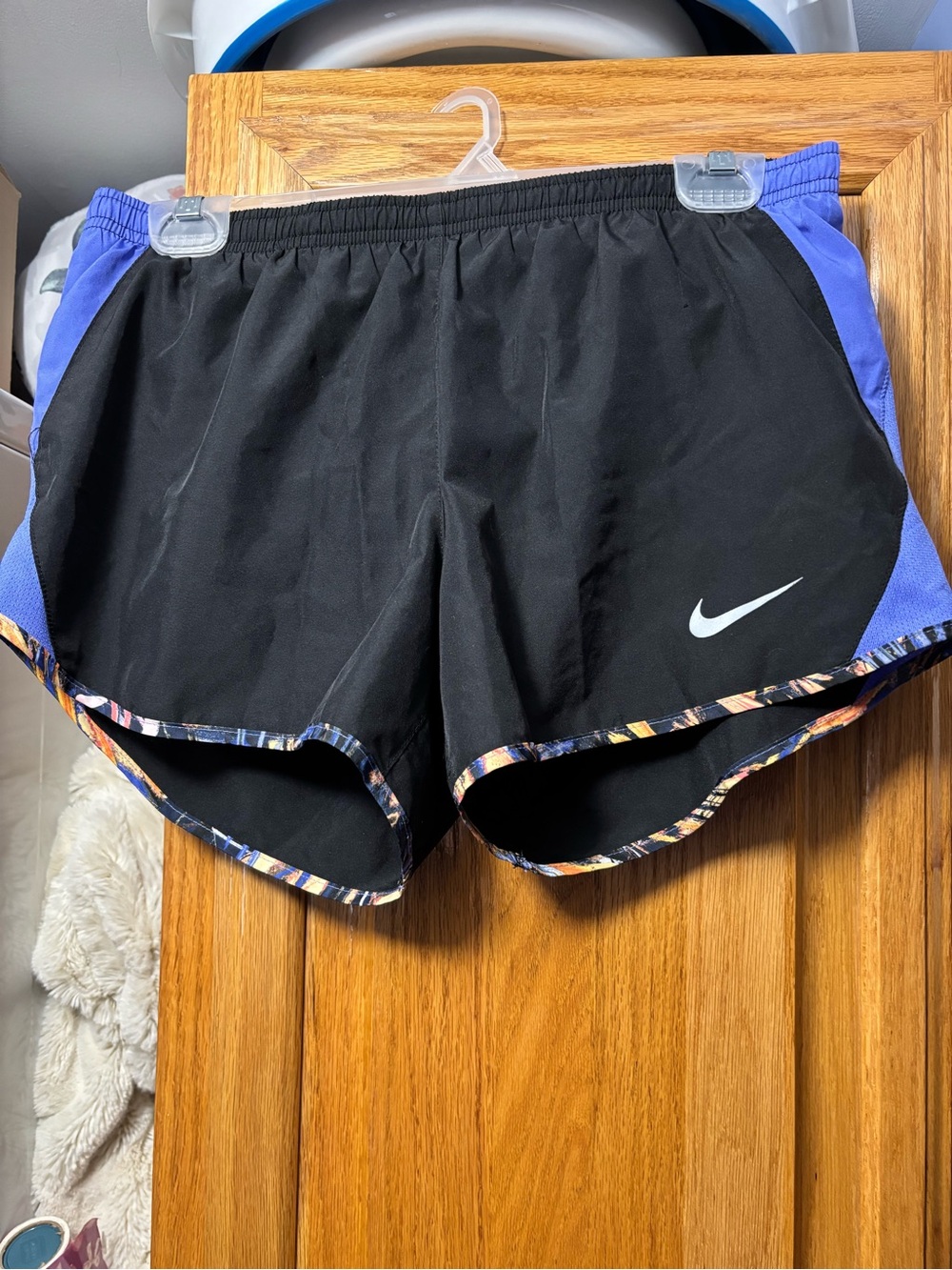 Nike Black Shorts with Purple Side Panels, Multicolor Trim, & Mesh Side Panels
